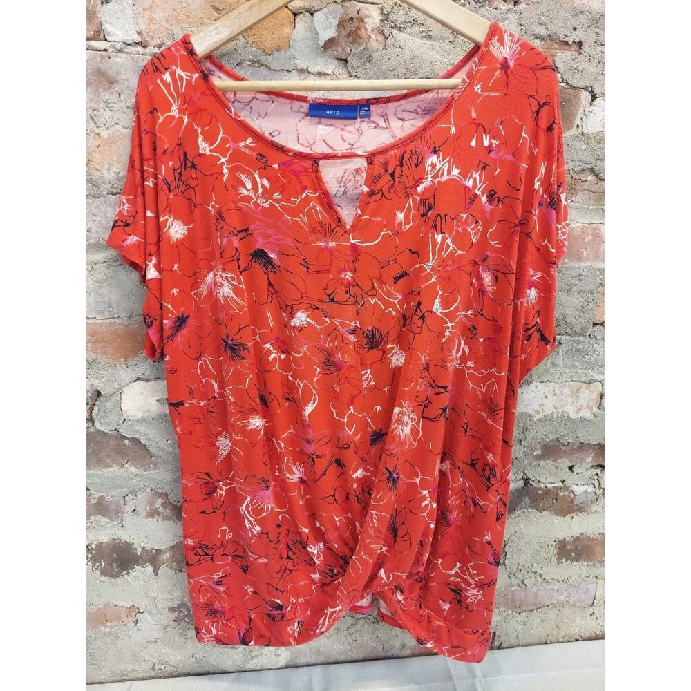 Apt 9 Womens Top XXL Red Floral Print Keyhole Neck Twist Front Blouse